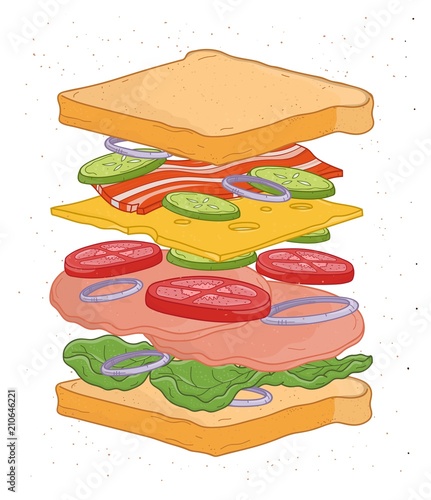 Delicious sandwich with layers or ingredients isolated on white background - bread slices, vegetables, salad leaves, cheese, bacon, meat