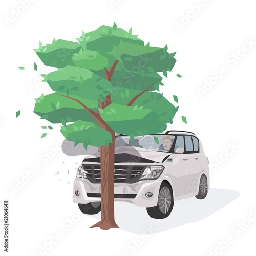 Automobile damaged by colliding with tree