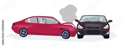Traffic or motor vehicle accident or car crash isolated on white background. Side collision with two automobiles driven by women involved. Colorful vector illustration in flat cartoon style.