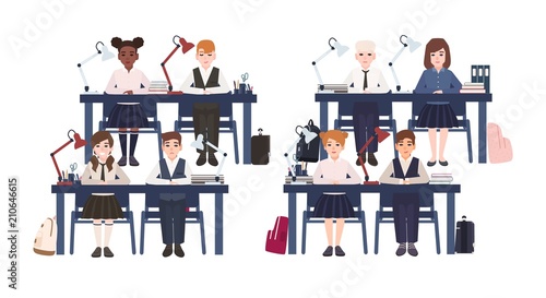 Pupils in uniform sitting at desks in classroom isolated on white background. Sad and smiling elementary school boys and girls on lesson in class. Colorful vector illustration in flat cartoon style.