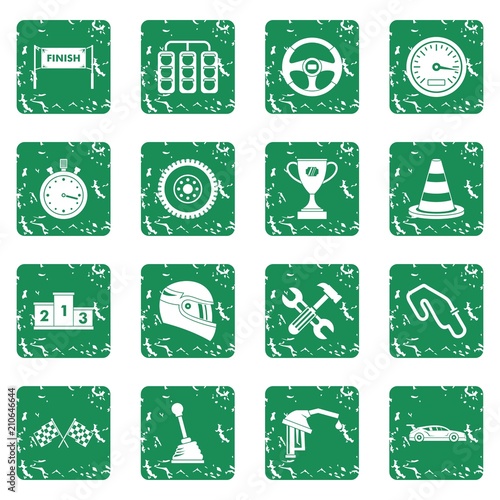Racing speed icons set in grunge style green isolated vector illustration