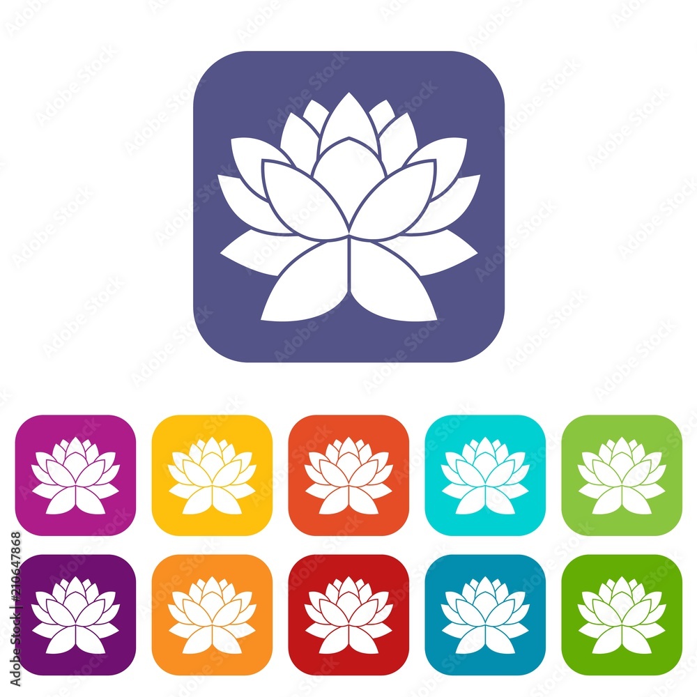 Lotus flower icons set vector illustration in flat style in colors red, blue, green, and other