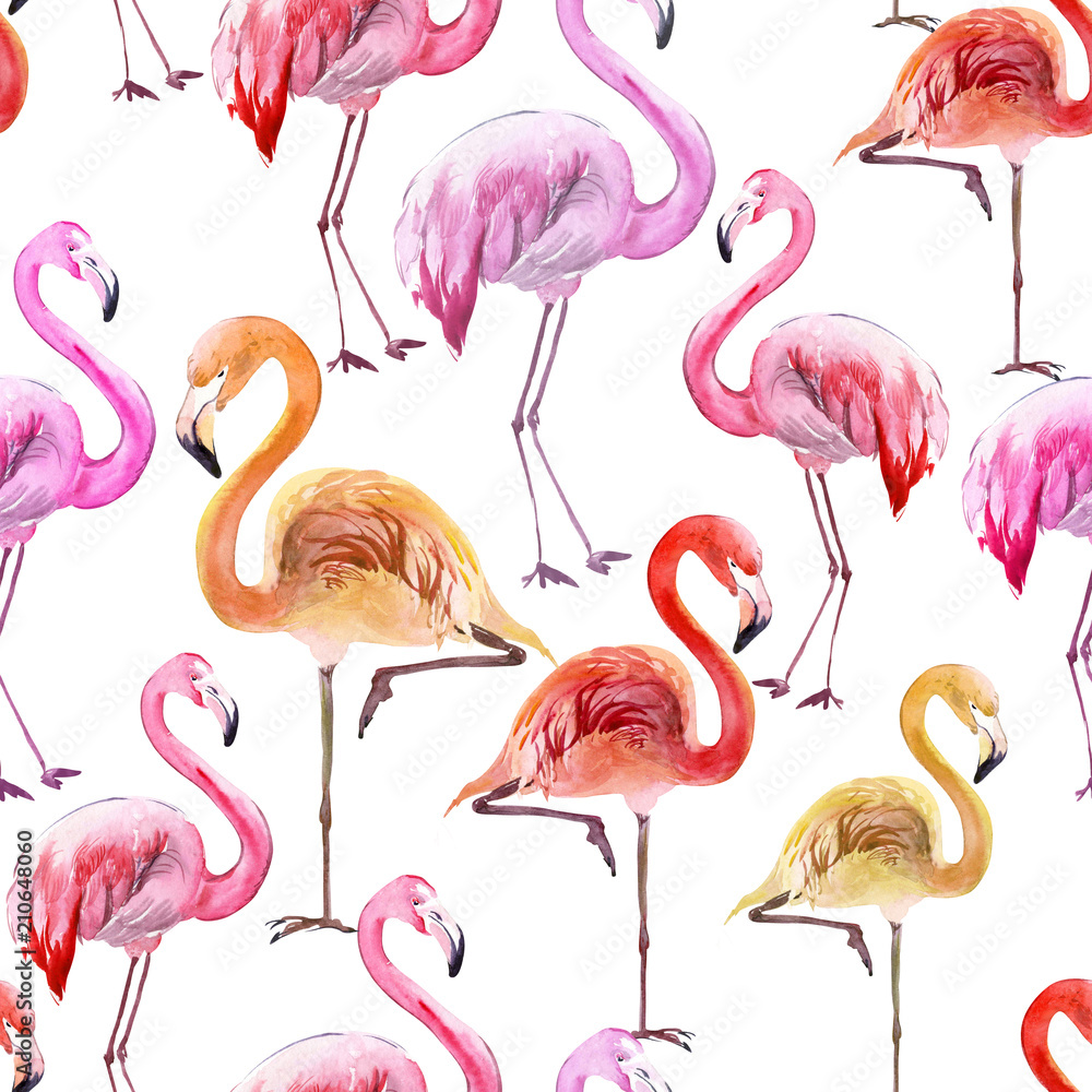 Fototapeta premium Beautiful multicolored flamingo on white background. Exotic seamless pattern. Watercolor painting. Hand drawn and painted illustration.