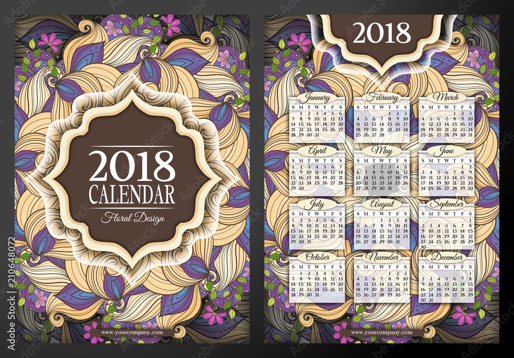 Colored 2018 Year Calendar Rectangular Template, Double-sided