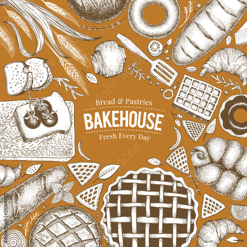 Bakery top view frame. Hand drawn vector illustration with bread and pastry. Retro design template. Can be use for menu, packaging.
