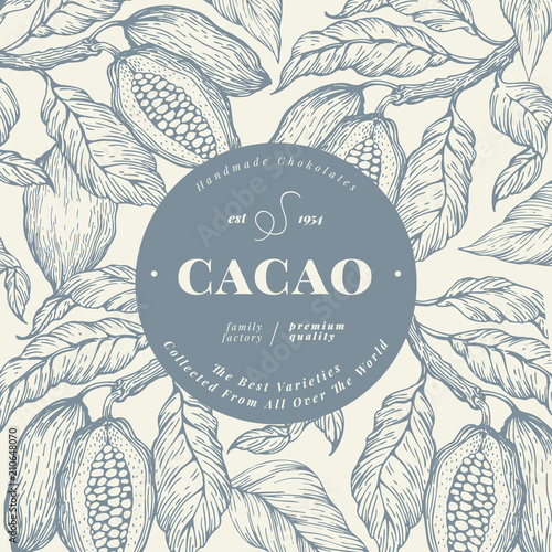 Cocoa bean tree banner template. Chocolate cocoa beans background. Vector hand drawn illustration. Vintage style illustration.