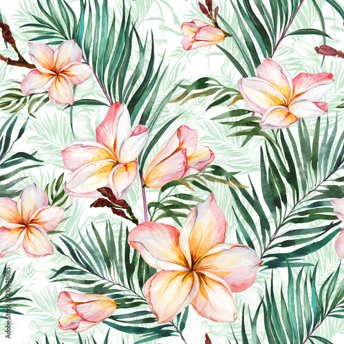 Fototapeta Naklejka Na Ścianę i Meble -  Plumeria flowers and exotic palm leaves in seamless tropical pattern. White background.  Watercolor painting. Hand drawn and painted floral illustration.
