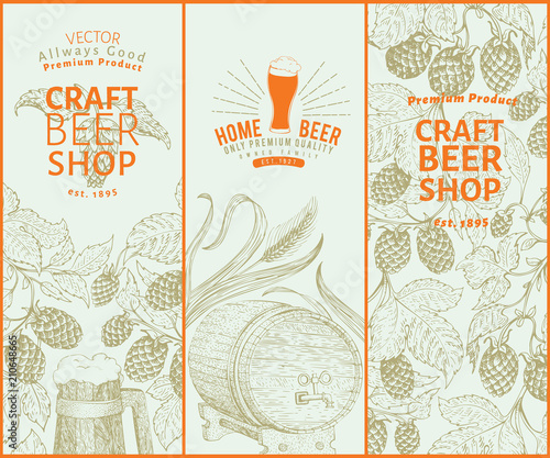 Beer hop design templates. Retro beer background. Vector hand drawn hop illustration. Vintage style banner set.