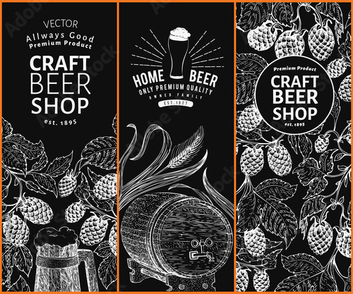 Beer hop design templates. Retro beer background. Vector hand drawn hop illustration on chalk board. Vintage style banner set.