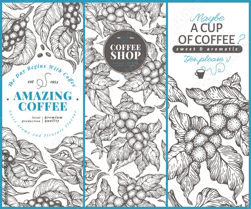 Coffee tree banner templates. Vector illustration. Vintage coffee banners set. Hand drawn engraved style illustration.