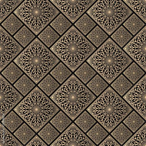 Seamless pattern oriental ornament. Black and golden textile print. Islamic vector design. Floral tiles.