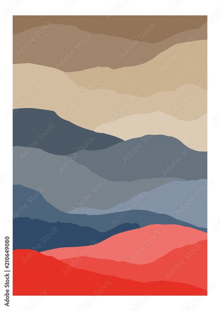 Decorative vertical background or card template with abstract wavy or stripy texture. Backdrop or landscape with hills or barchan dunes. Modern colorful vector illustration in trendy graphic style.