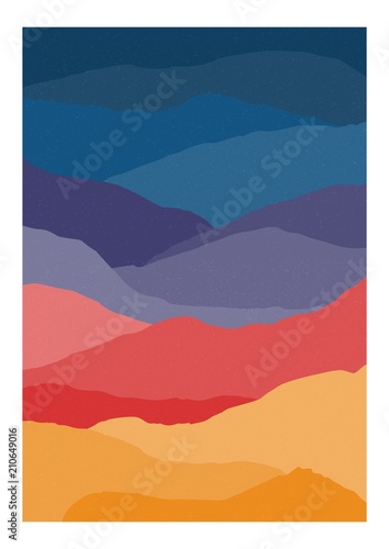 Colorful vertical background or card template with abstract waves or layers of bright colors. Backdrop with desert or mountain landscape. Creative vector illustration in contemporary art style.