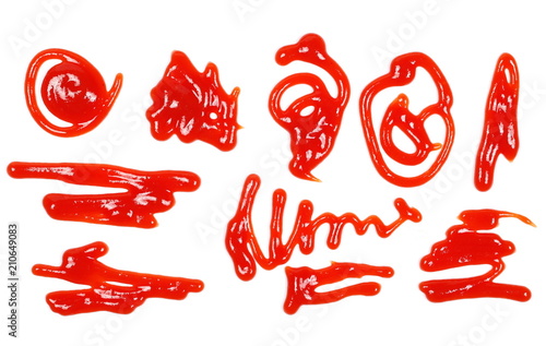 Red ketchup spreading, splashes, stains set isolated on white background, tomato pure texture, top view
