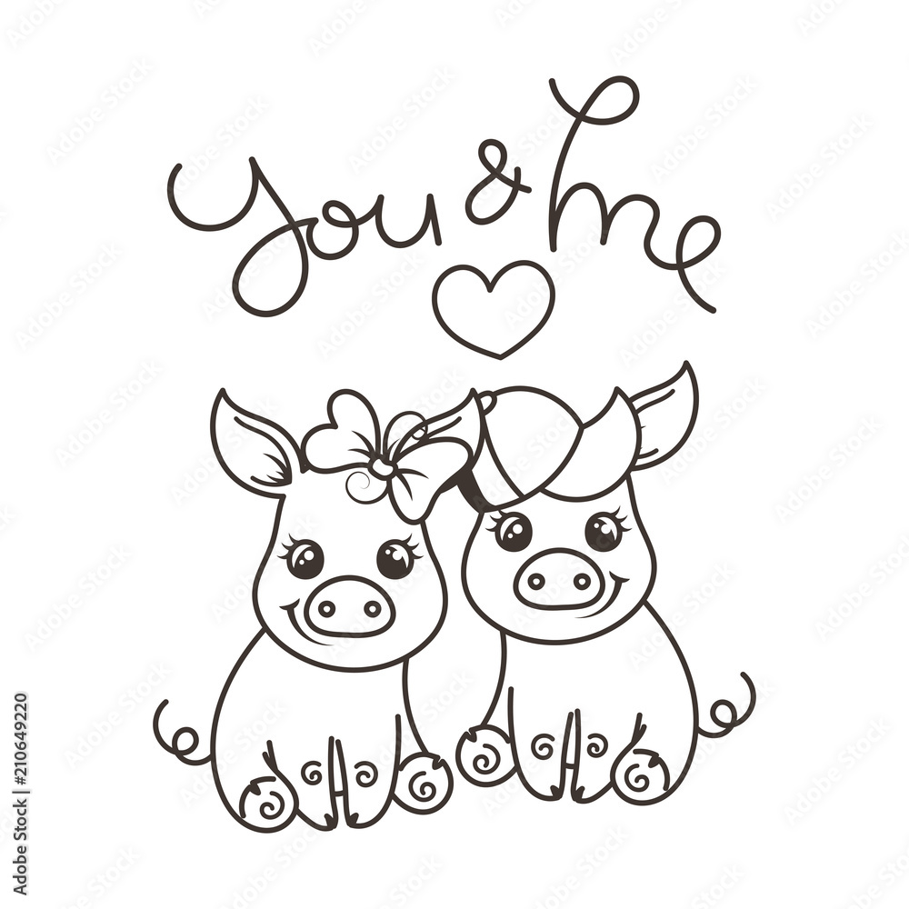 Fototapeta premium Cute cartoon baby pigs in love