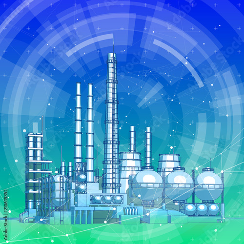 modern chemical manufacturing plant on a blue technological background with a stylized digital wave - the concept of modern technology, the new industrial revolution & information technology / vector