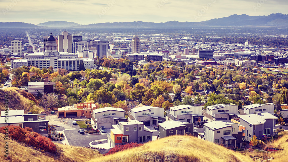 Aerial view of the Salt Lake City downtown in autumn, color toned picture, Utah, USA.