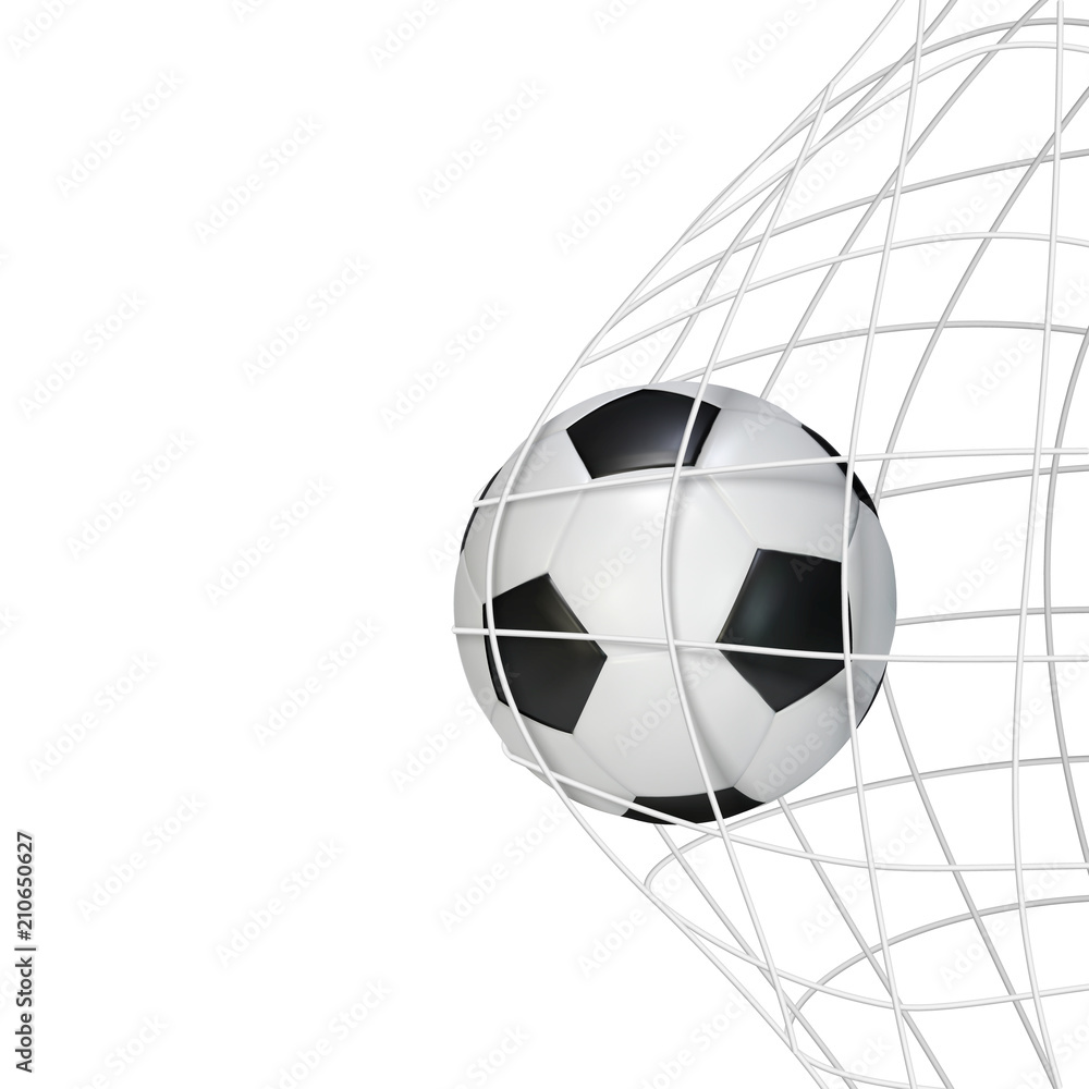 Soccer game match goal moment with ball in the net. Vector illustration isolated on white background
