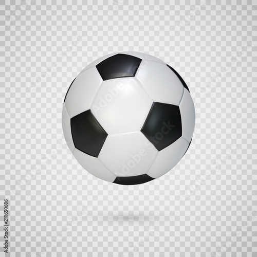 Soccer ball isolated on transparent background. Black and white classic leather football ball.  Vector illustration