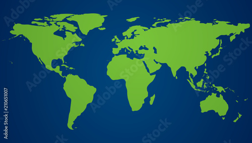 Green world map and blue oceans. World Environment day. Eco poster or eco banner. Vector illustration