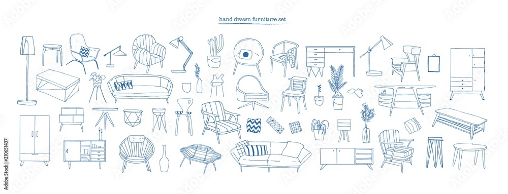 Collection of elegant modern furniture and home interior decorations of trendy Scandinavian or hygge style hand drawn with blue contour lines on white background. Monochrome vector illustration.