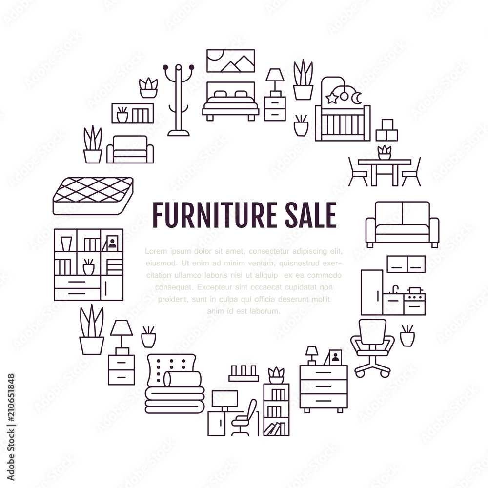 Furniture sale banner illustration with flat line icons. Living room, bedroom, home office chair, kitchen, sofa, nursery, lamp, sideboard thin linear signs. Circle template interior store poster.