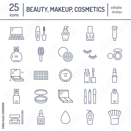 Makeup beauty care flat line icons. Cosmetics illustrations of lipstick, mascara, powder, eyeshadows, cushion foundation, nail polish, hair brush shampoo. Thin signs for make up store Editable Strokes