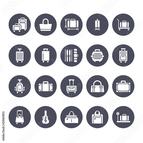 Luggage flat glyph icons. Carry-on, hardside suitcases, wheeled bags, pet carrier, travel backpack. Baggage dimensions and weight signs. Solid silhouette pixel perfect 64x64.