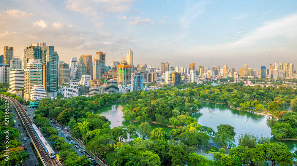 Naklejka premium Bangkok city skyline with Lumpini park from top view in Thailand