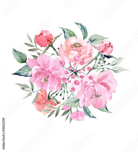 Flower composition watercolor pink flowers and leaves vintage style on isolated white background