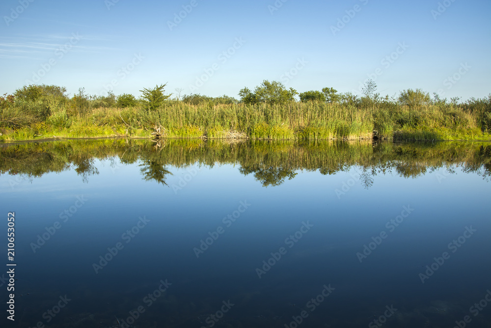 Coastal line reflected in water