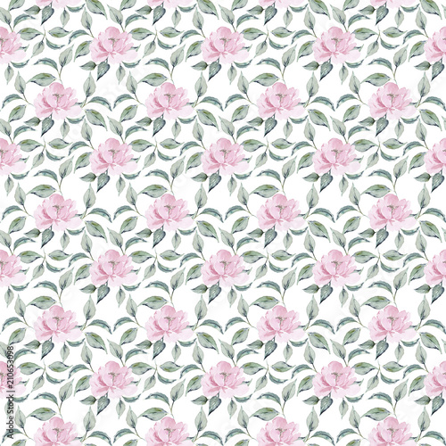 Digital paper gentle pink flower peony watercolor and leaves © Марина Радышевская