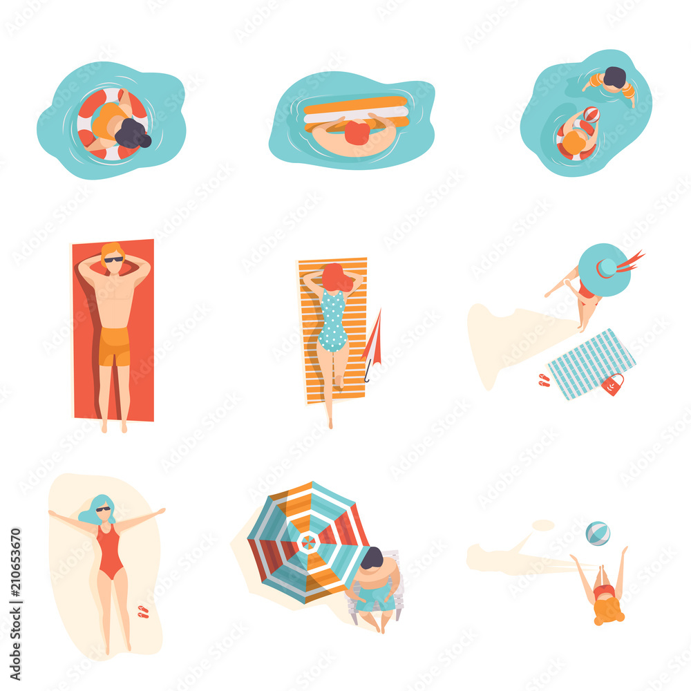People sunbathing on the beach set, top view of lying and swimming men and women vector Illustrations on a white background