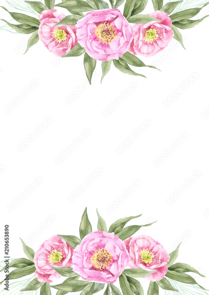 vintage card with pink peonies watercolor