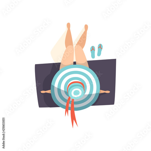 Beautiful young woman in hat sunbathing on the beach, top view of sitting girl vector Illustration on a white background