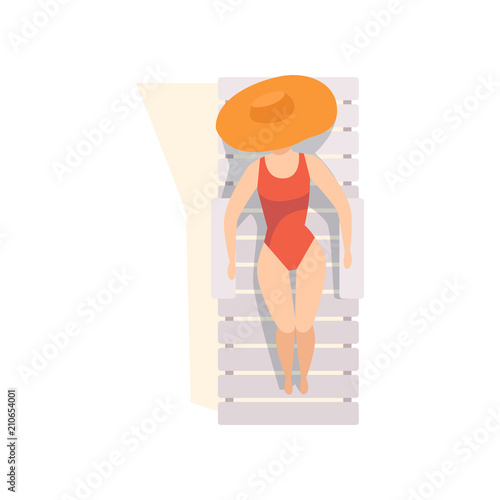 Beautiful young woman in straw hat and red swimsuit sunbathing on the beach, top view of sitting girl vector Illustration on a white background