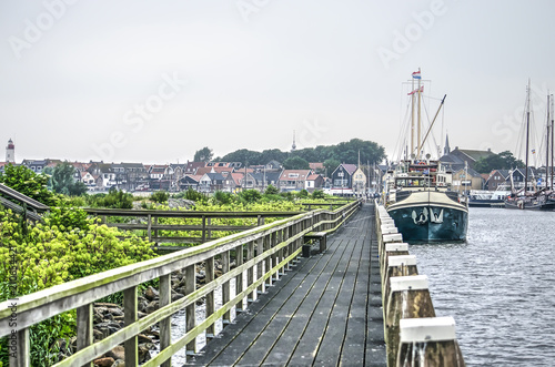 Wooden platforms and mooring in the harbour of the fishing-village of Urk, The Netherlands