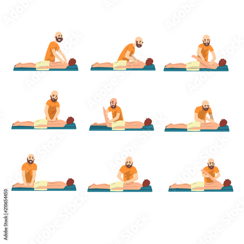 Male therapist doing back massage to young man set, rehabilitation care and physiotherapy treatments vector Illustrations on a white background