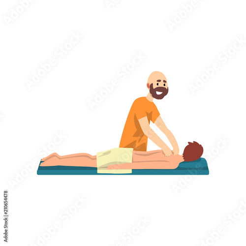 Young man on massage session, rehabilitation care and physiotherapy treatments vector Illustration on a white background