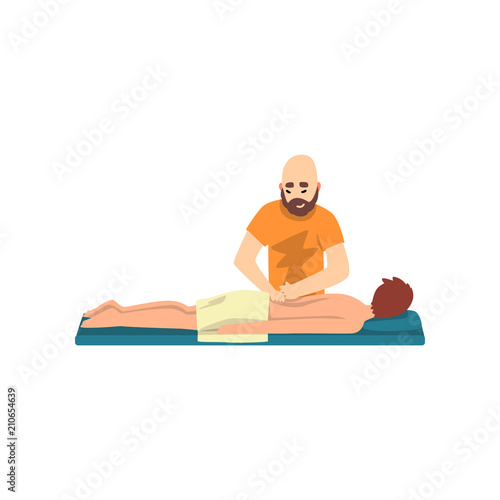 Massage therapy with man, male therapist doing back massage, rehabilitation care and physiotherapy treatments vector Illustration