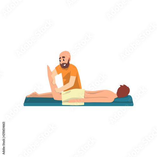 Massage therapy with man, male therapist doing massage, rehabilitation care and physiotherapy treatments vector Illustration