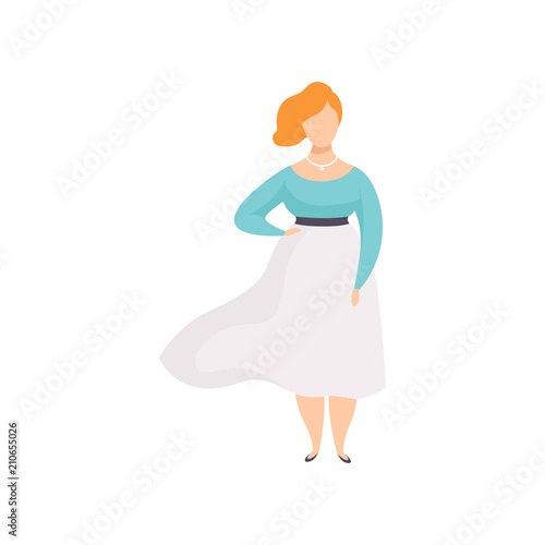 Red haired curvy, overweigh girl in fashionable clothes, beautiful plus size fashion woman, body positive vector Illustration on a white background