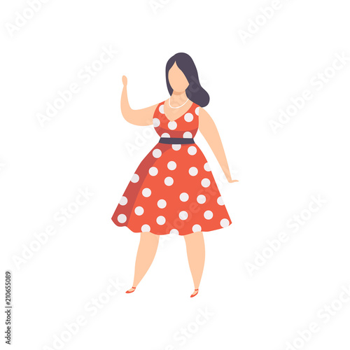 Curvy, overweight girl in red polka dot retro dress, beautiful plus size fashion woman, body positive vector Illustration on a white background
