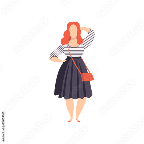 Beautiful red haired curvy, overweigh girl in fashionable clothes, plus size fashion woman, body positive vector Illustration on a white background