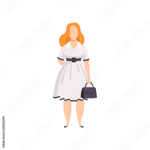 Curvy, overweight girl in white dress, beautiful plus size fashion woman, body positive vector Illustration on a white background