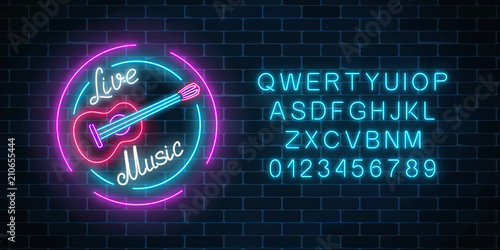 Neon alphabet and sign of bar with live music. Glowing signboard of sound cafe with classic guitar symbol.