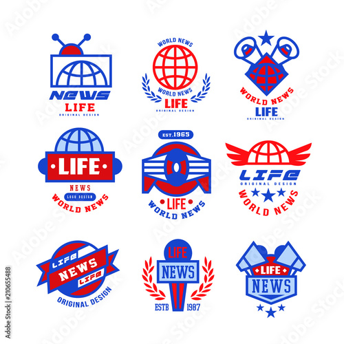 World Life news logo set, social mass media emblems, live news badges vector Illustration on a white background