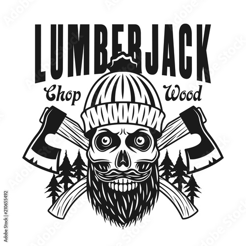Lumberjack bearded skull emblem with crossed axes