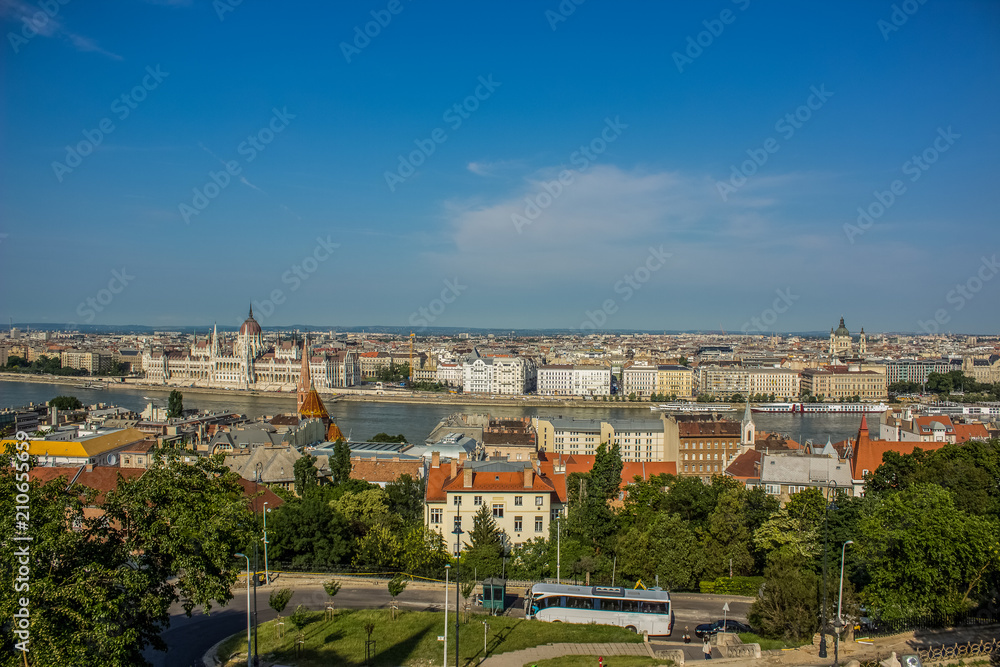 budapest urban city scape waterfront distrcit from above in summer time bright colorful day and blue sky background