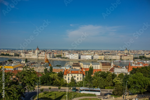 budapest urban city scape waterfront distrcit from above in summer time bright colorful day and blue sky background
